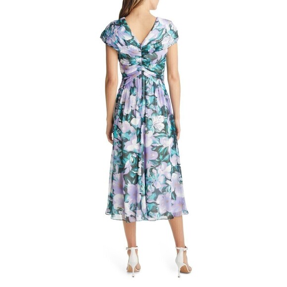 Tadashi Shoji Edith Printed Floral A-Line Dress Tea Midi Length Lilac NWT Size 8 - Picture 4 of 14
